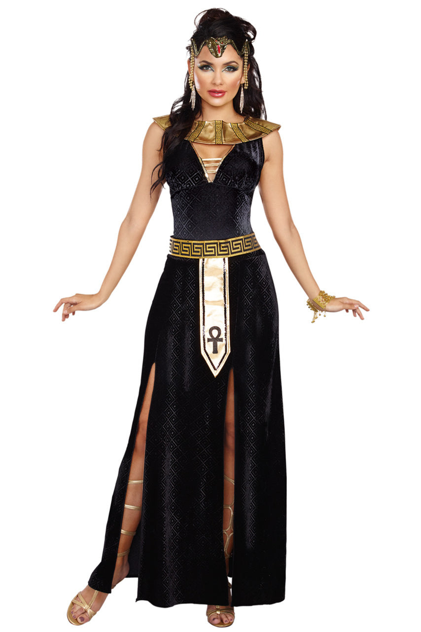 Front view women's Cleopatra-style black long dress with gold trim and gold headpiece