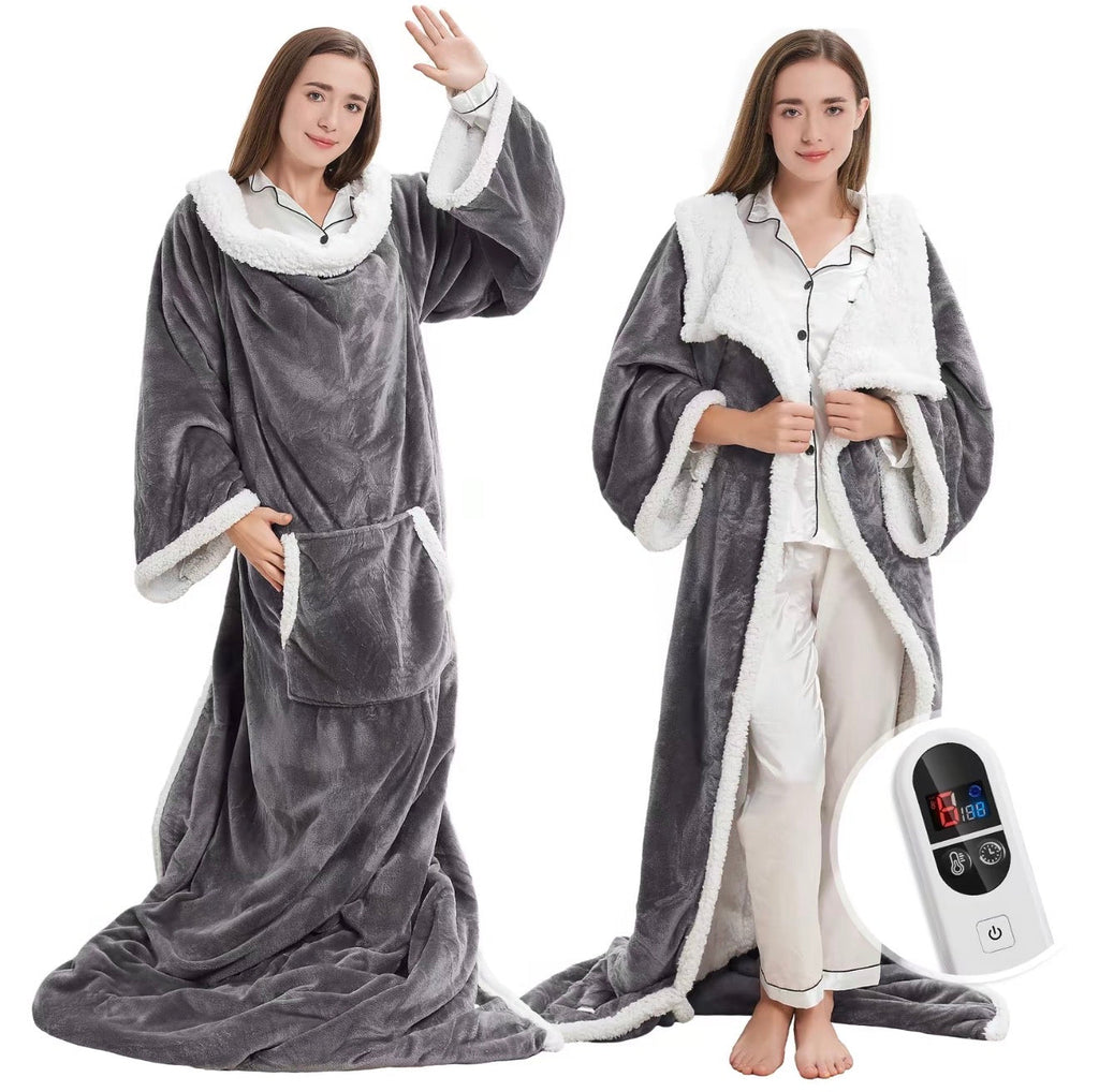 Gray hooded heated wearable blanket with sherpa trim and controller, on model