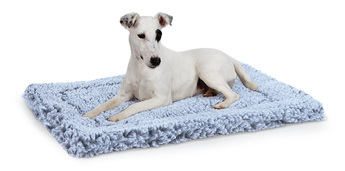 Gray fleece mat cat and dog bed with dog resting