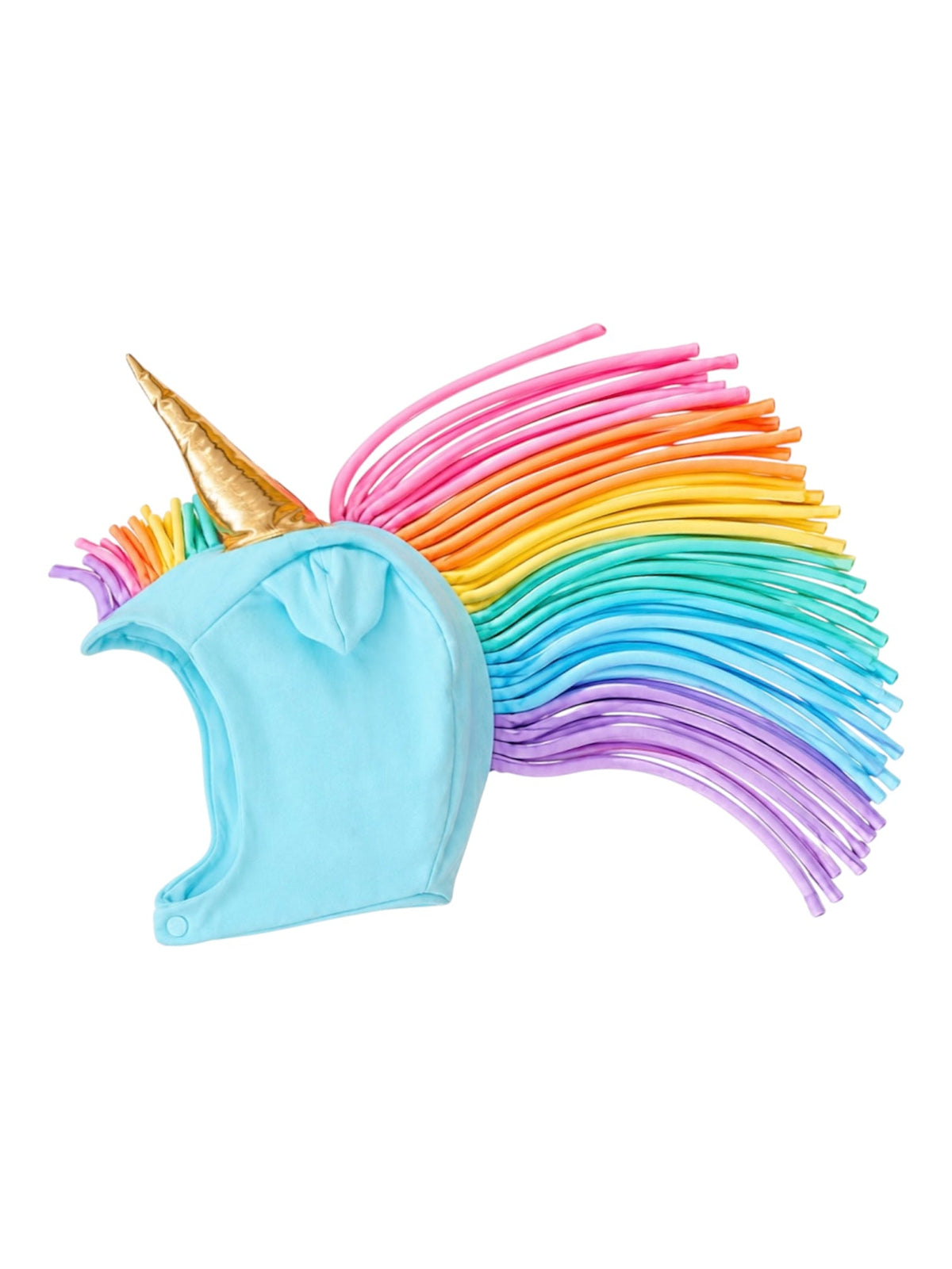 Light blue unicorn hat with gold horn and rainbow fringe mane