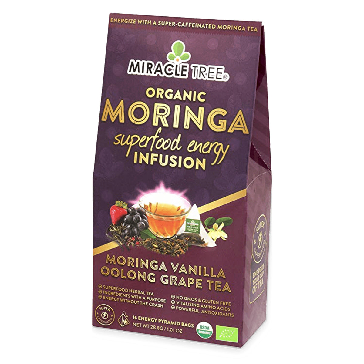 Miracle Tree organic moringa superfood energy infusion tea box, Moringa vanilla oolong grape