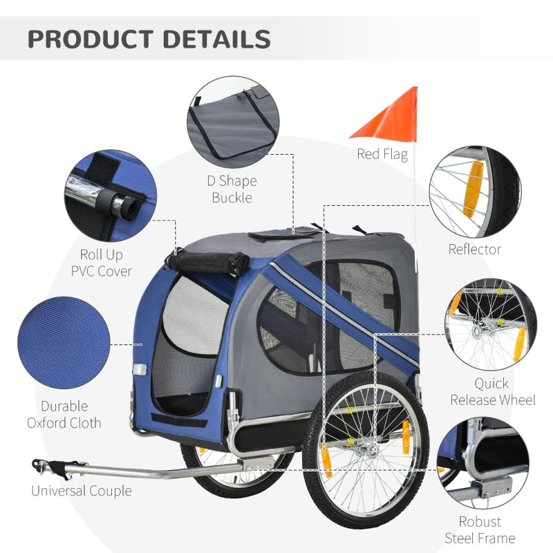 Pet bike trailer cargo cart with roll-up cover, reflective trim, and quick-release wheel