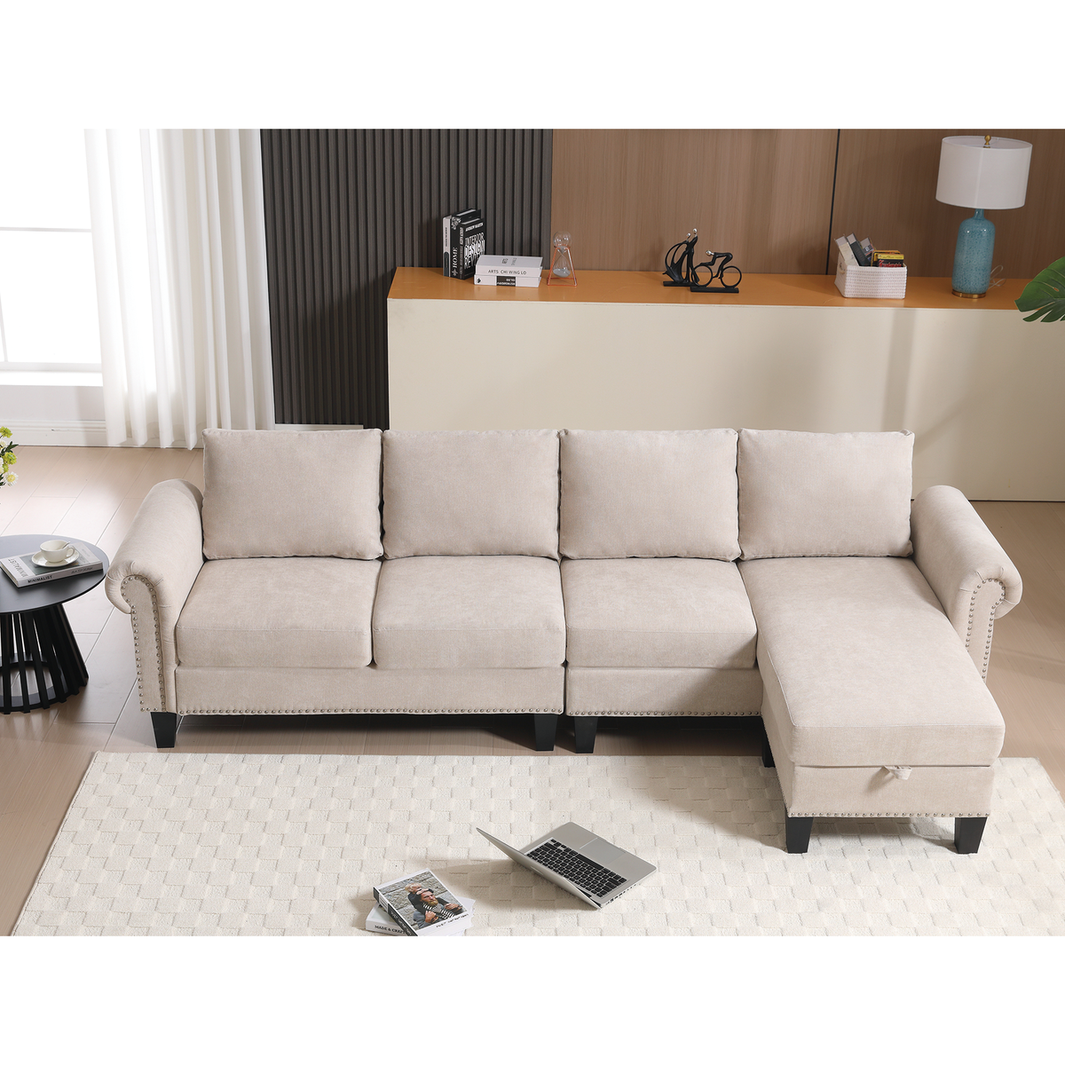 Beige linen L-shaped sectional sofa with storage chaise and four seat cushions