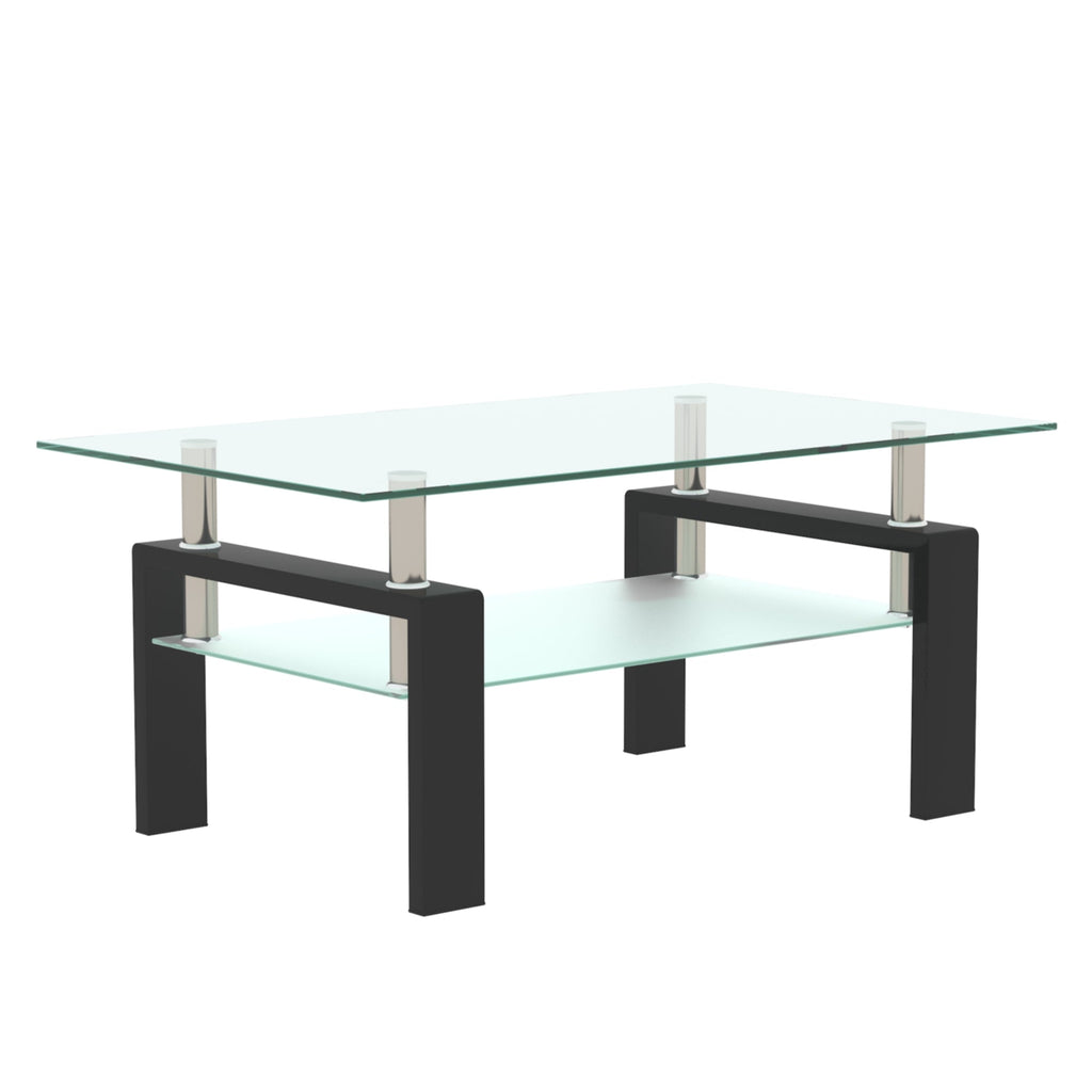 Rectangular black glass coffee table with clear glass top and central lower shelf