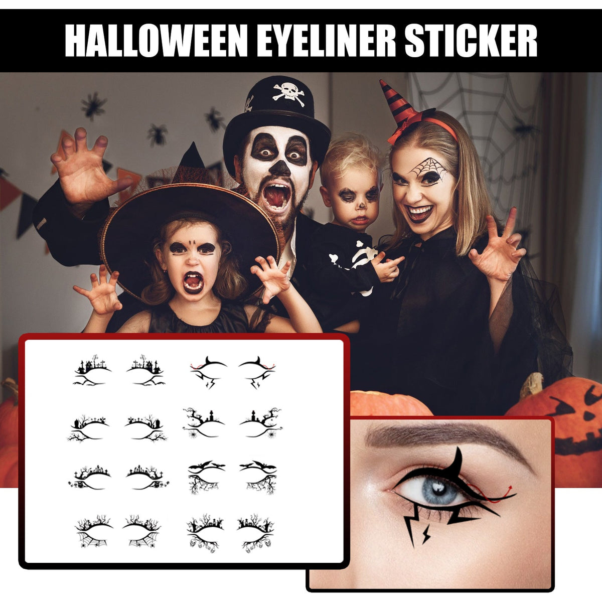 Halloween eyeliner sticker sheet with bat and spider designs, shown applied on eyes.