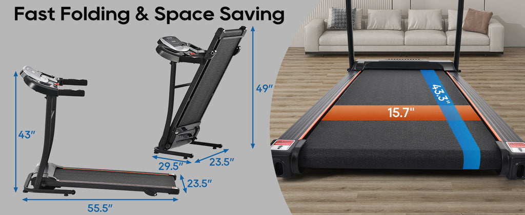 Home folding treadmill shown folded and unfolded with compact size dimensions