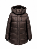 Chocolate hooded puffer jacket with full-length zipper and two front pockets
