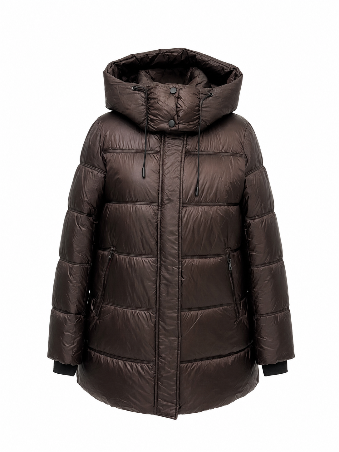 Chocolate hooded puffer jacket with full-length zipper and two front pockets