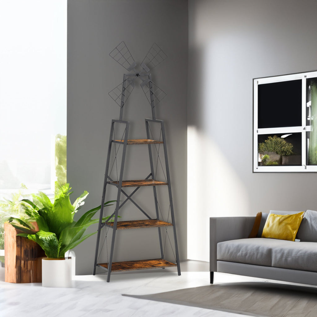 4-tier narrow book shelf with black metal frame and rustic brown wood shelves