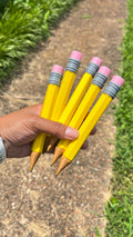 Jumbo novelty yellow pencil set with pink eraser and gray striped grip, wooden tip