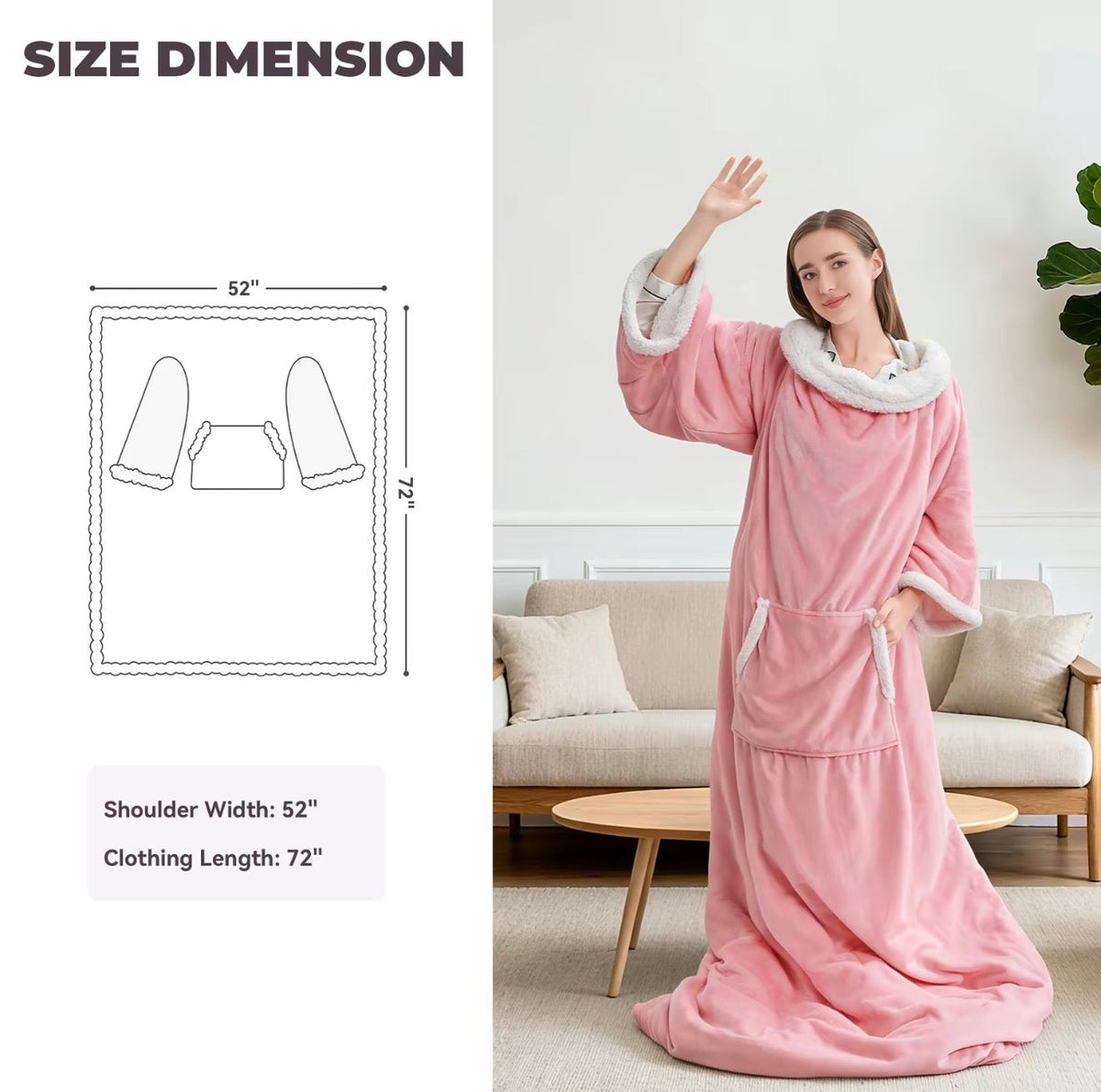 Pink hooded heated wearable blanket with drawstring waist, waved on model