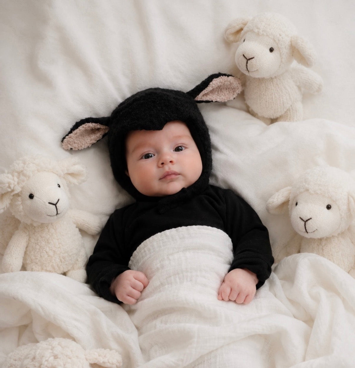 Black hooded baby sheep costume, plush ear hat, with light beige accents