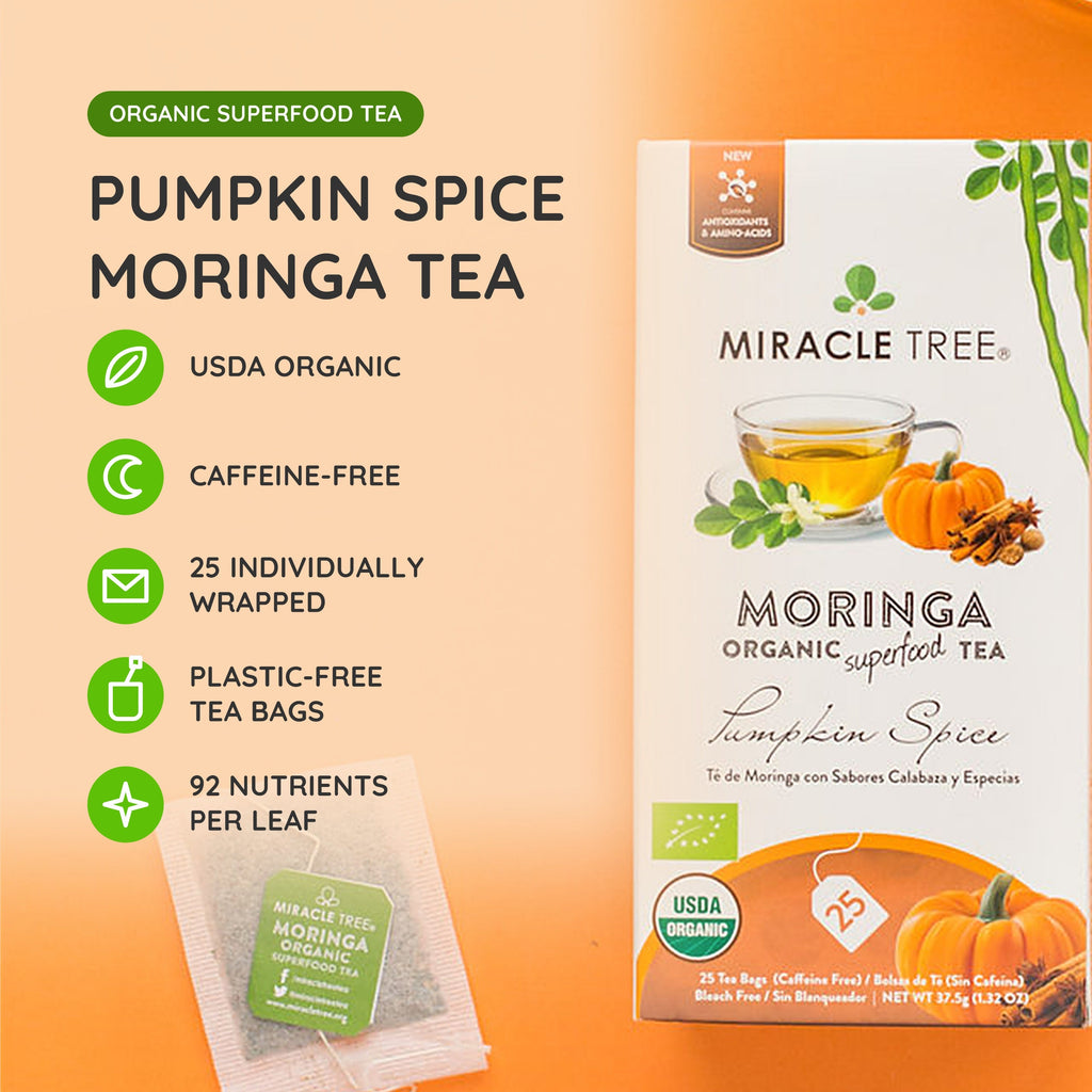 Pumpkin spice moringa tea box with caffeine-free and USDA organic labeling