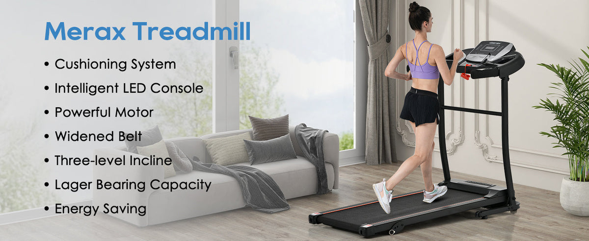 Merax folding treadmill with LED console, cushioned deck, and side handrail controls