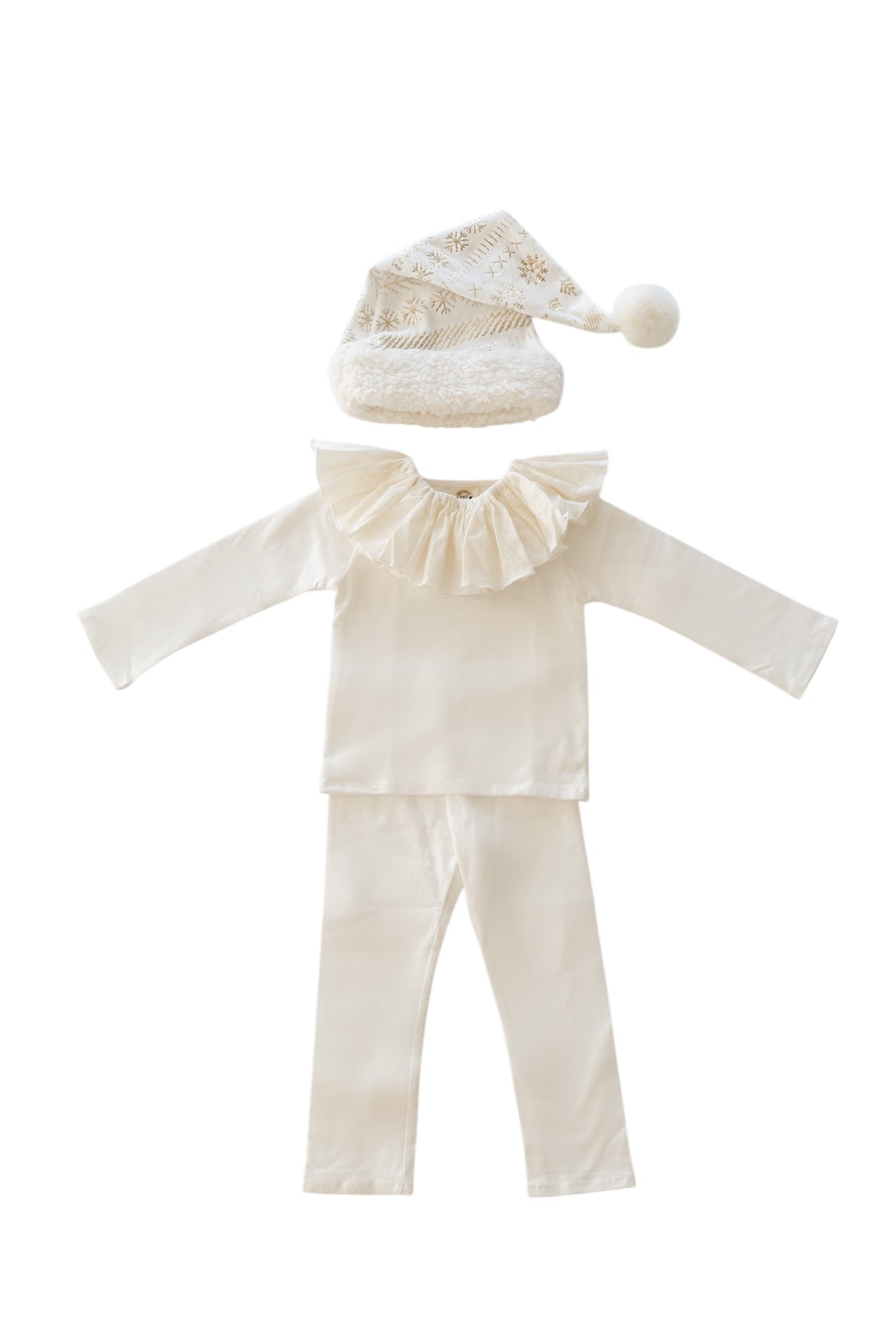 White elf costume set for kids: hooded cap with pom, ruffled top, matching pants