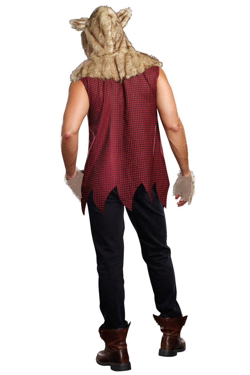 Men's wolf costume back view with tan faux-fur hood, red plaid sleeveless tunic, and black pants