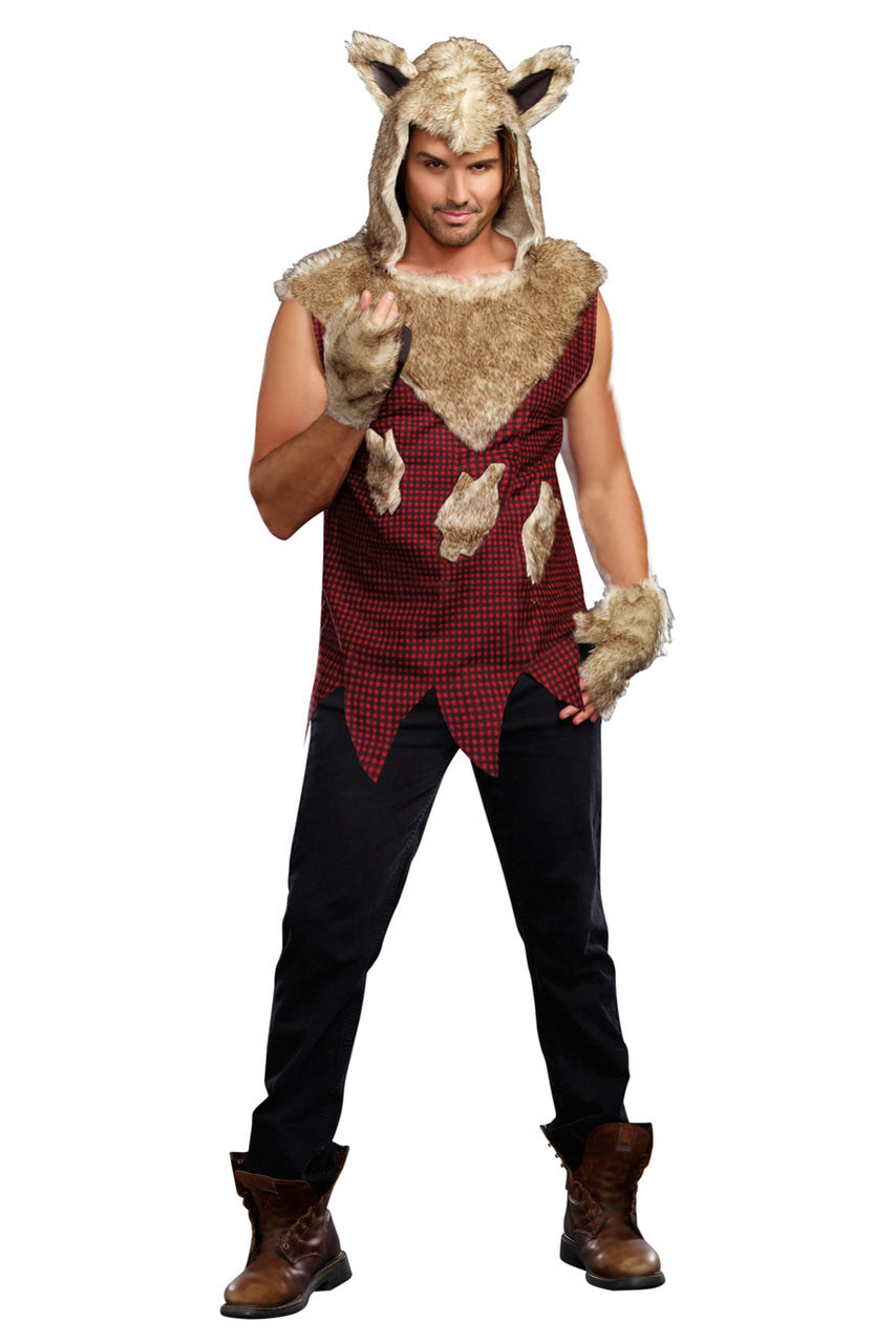 Men's wolf costume with tan faux-fur hood, red plaid vest, black pants, and brown boots