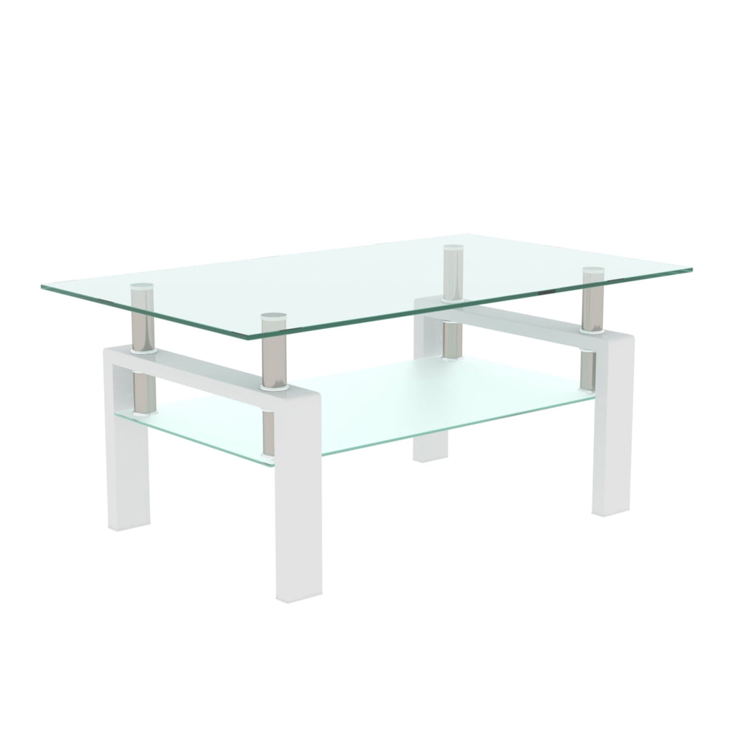 White and clear glass coffee table with rectangular glass top and four legs