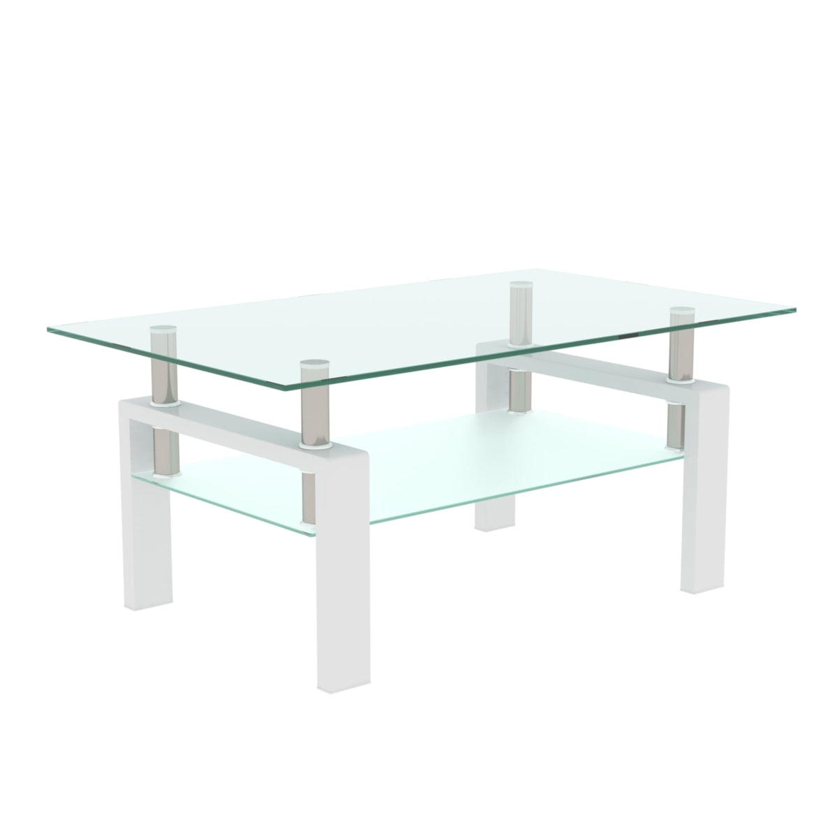 White and clear glass coffee table with rectangular glass top and four legs
