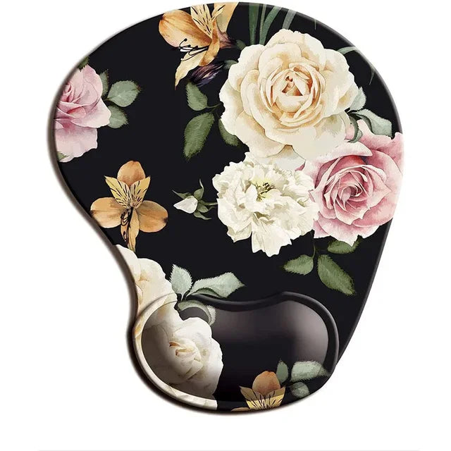 Ergonomic mouse pad wrist rest with black background and cream floral rose print