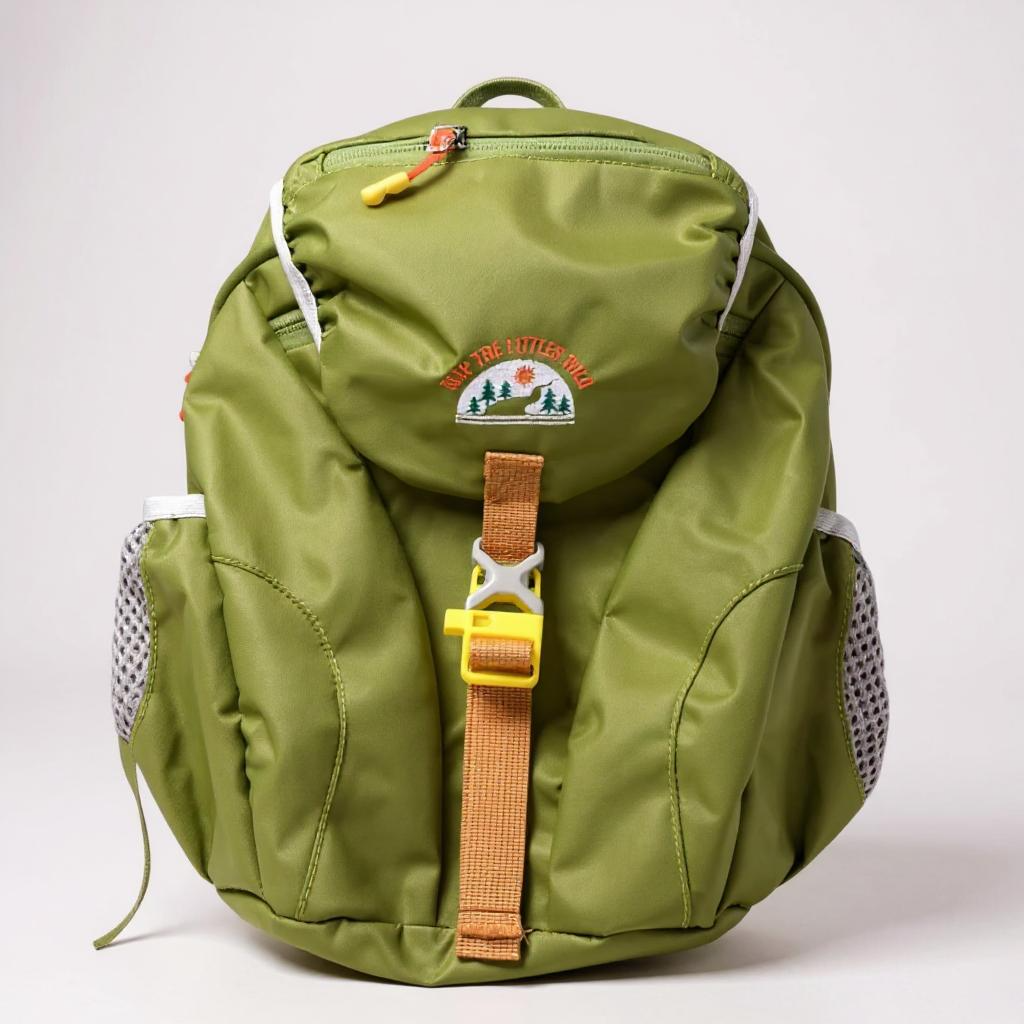 Olive green toddler hiking backpack with front zipper panel and orange clip strap