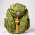 Green kids hiking backpack with front pocket and hydration bladder compatibility