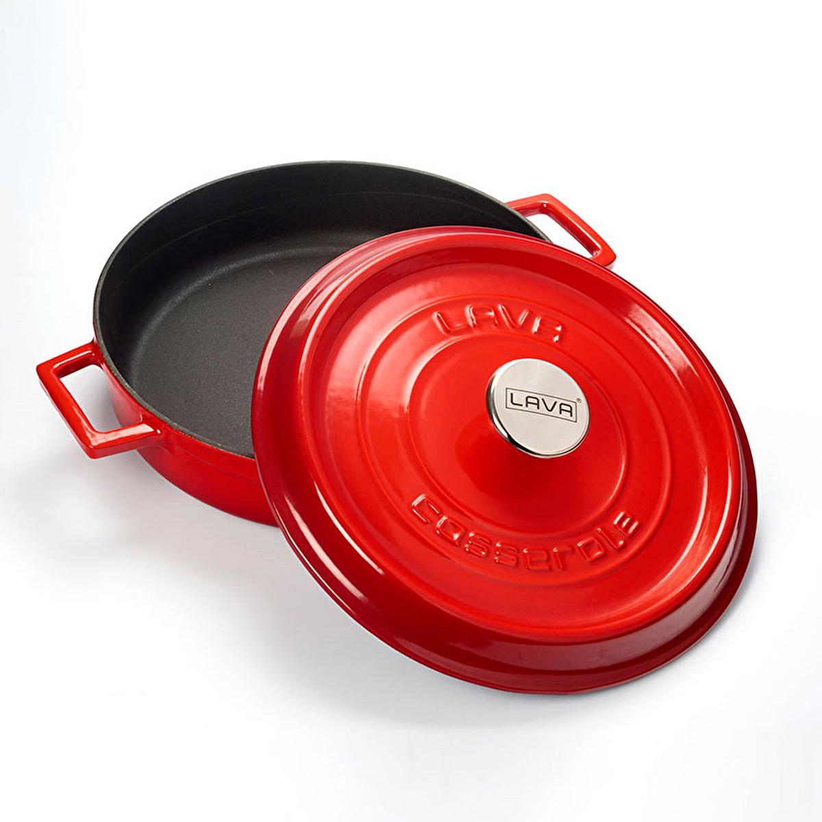 Red enamel cast iron round pot with lid, side handles, black interior