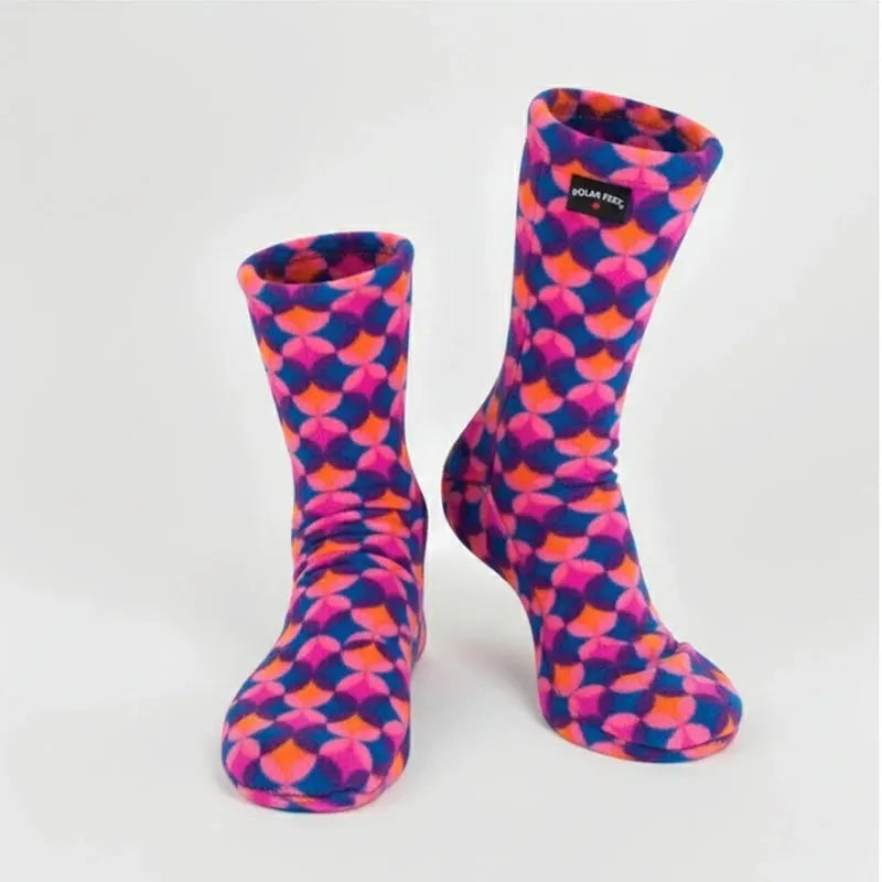 Kids fleece crew socks with multicolor geometric pattern in blue, pink, and orange.