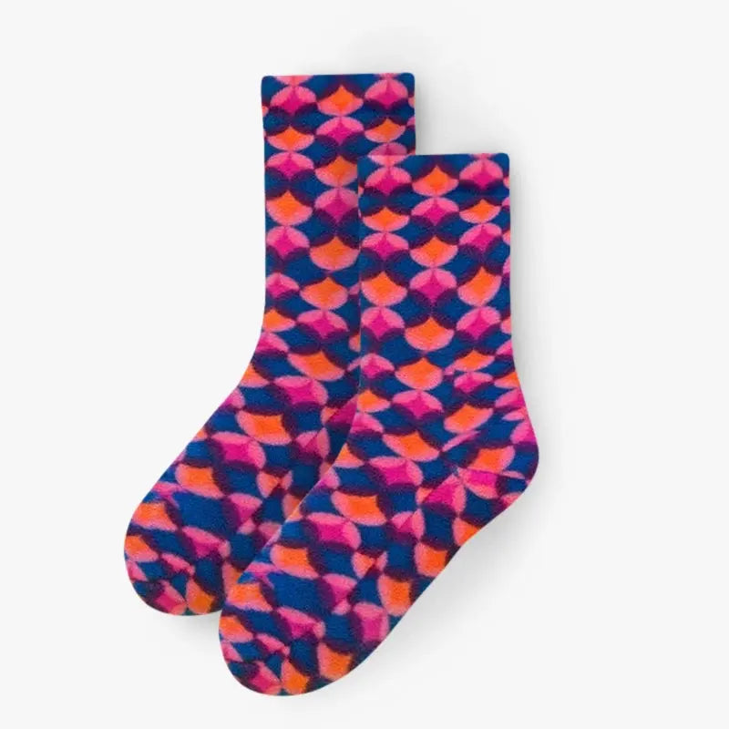 Kids fleece crew socks with blue, pink, and orange geometric pattern.