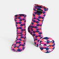 Kids' nonskid fleece socks, purple orange geometric pattern with grippy sole