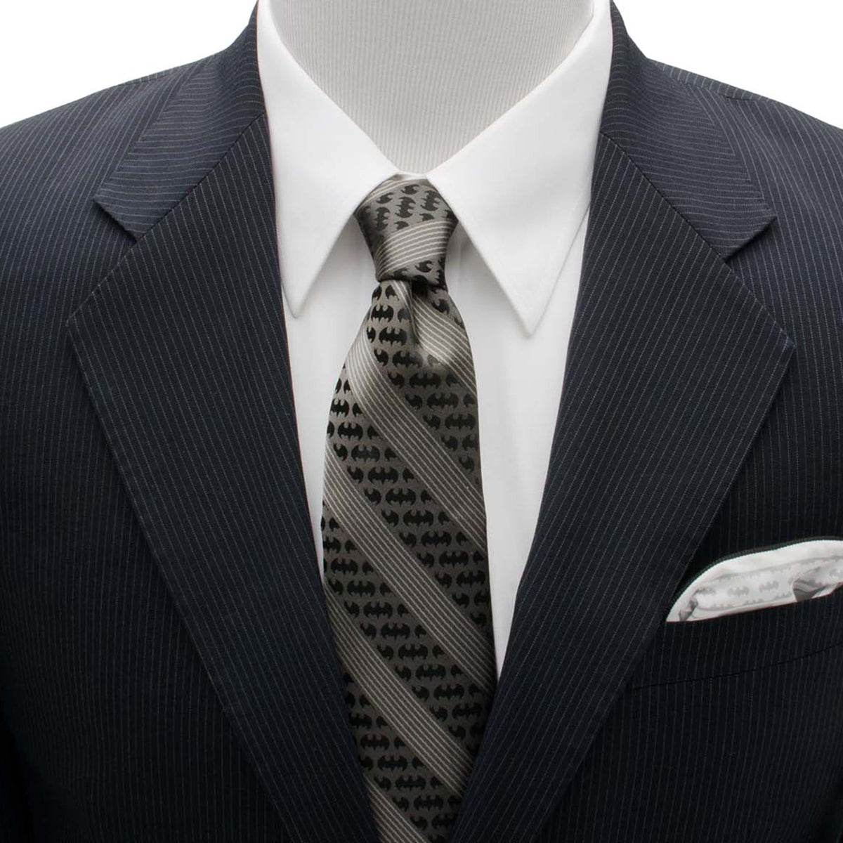 Bat-pattern necktie with diagonal stripes, shown with white shirt and dark jacket