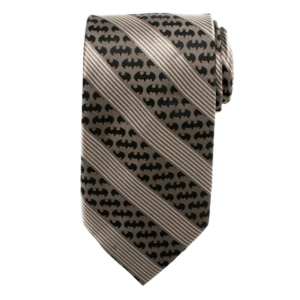 Bat-pattern necktie in black and gray with diagonal striped band, neat folded view