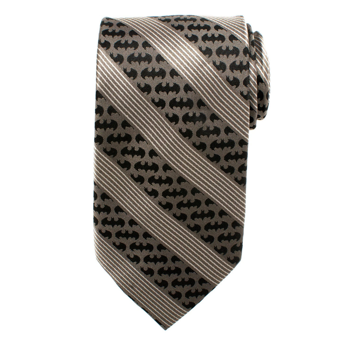 Bat-pattern necktie in black and gray with diagonal striped band, neat folded view