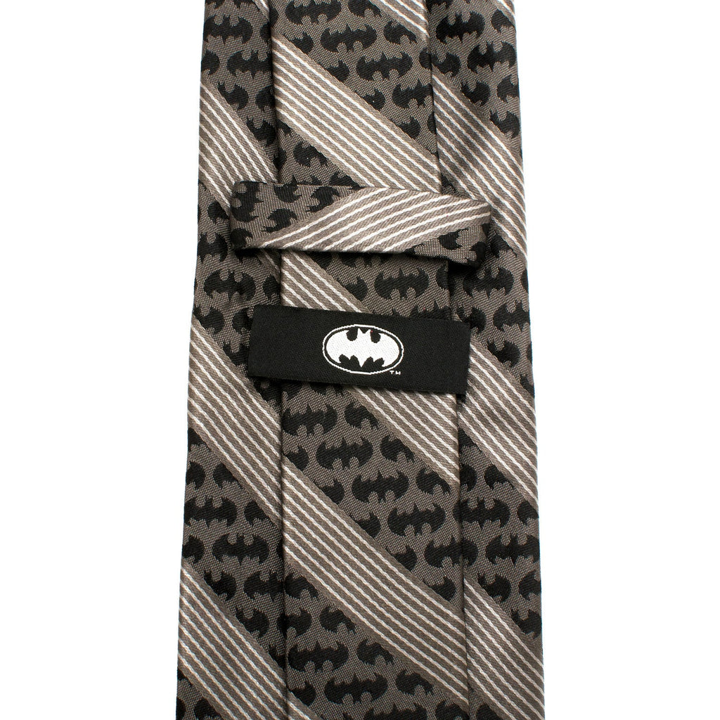 Necktie with bat pattern and diagonal stripes, top knot label detail shown