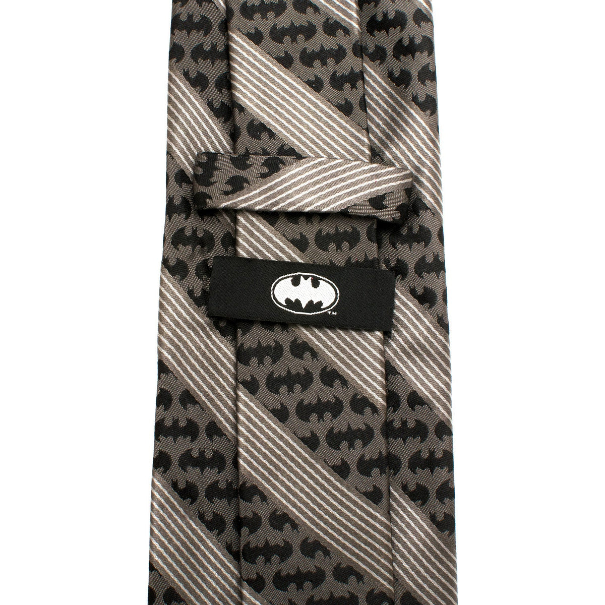 Necktie with bat pattern and diagonal stripes, top knot label detail shown