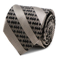 Bat-pattern necktie in black and gray with diagonal stripes, rolled close-up