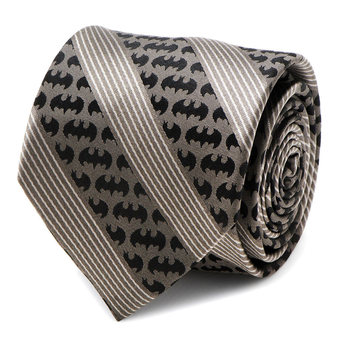 Bat-pattern necktie in black and gray with diagonal stripes, rolled close-up