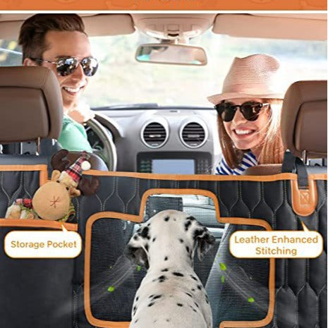 Black pet car backseat cover with storage pockets and raised edges for a seated dog
