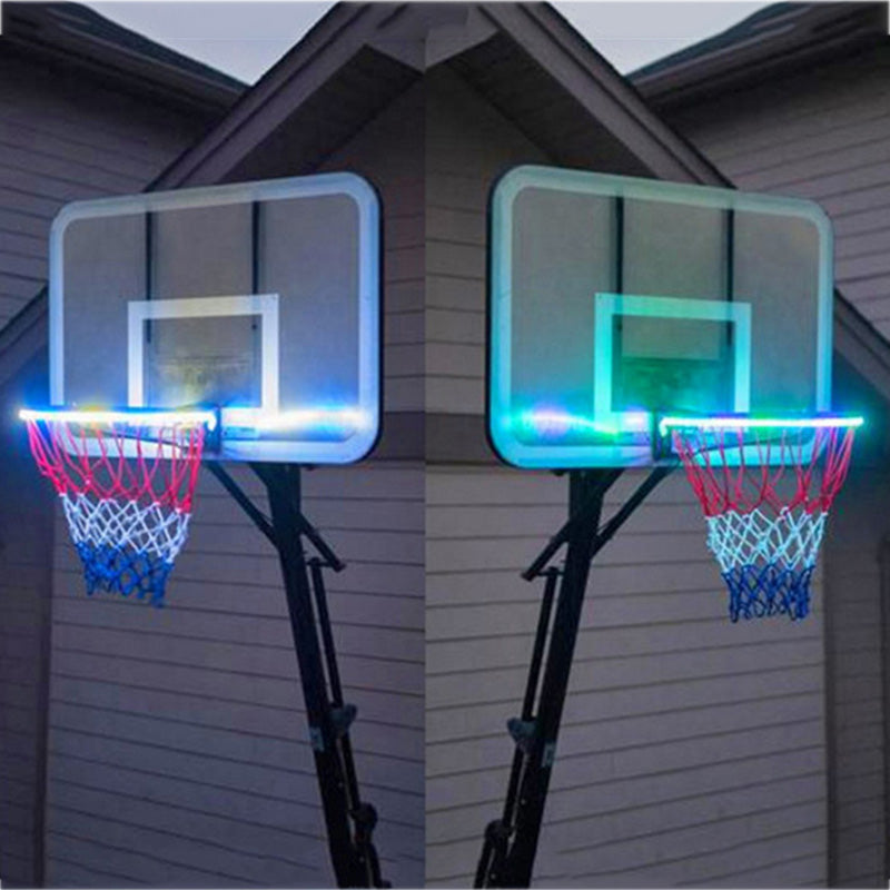 LED basketball hoop rim light strip on hoops with blue and green glowing frames