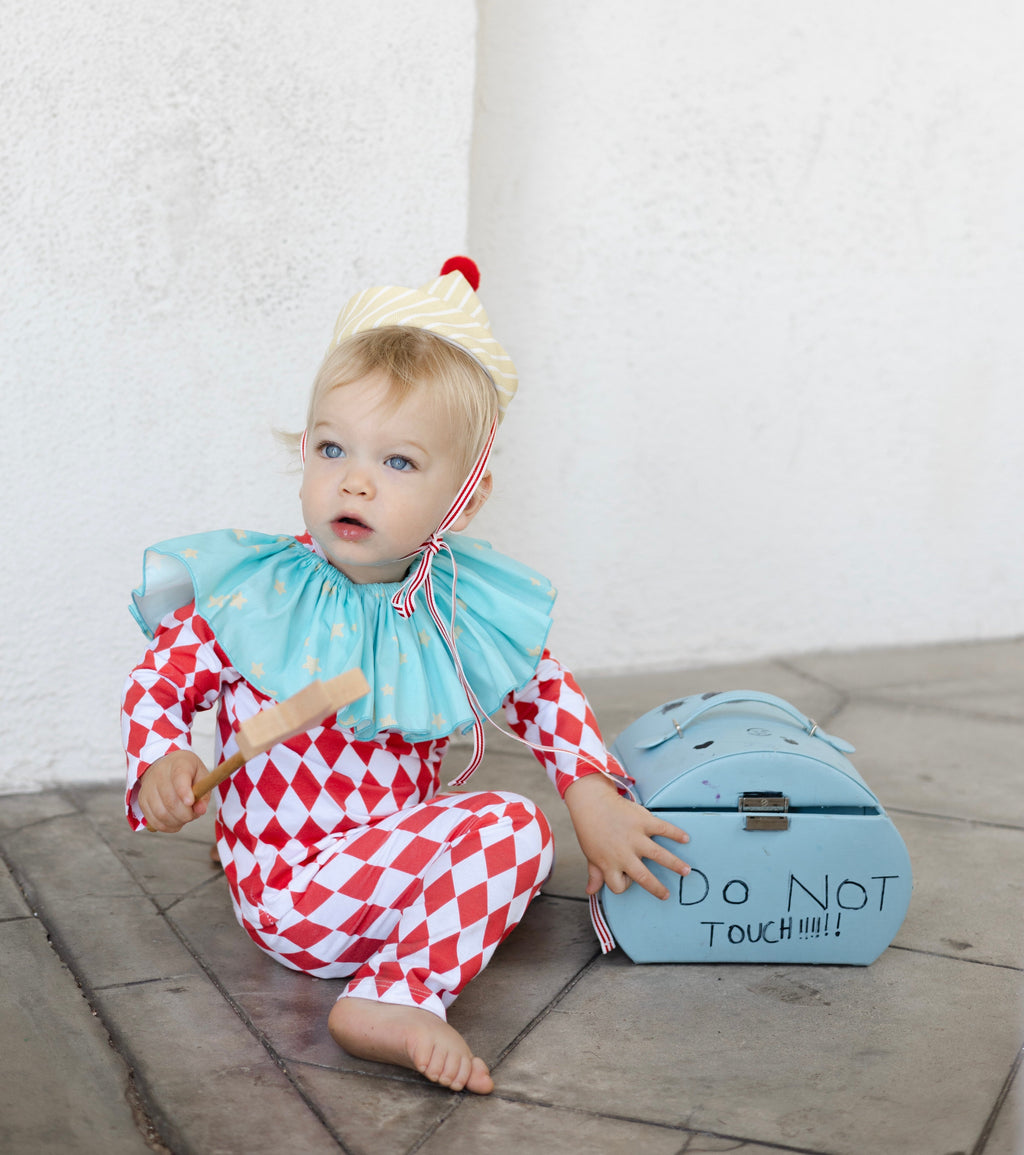 Toddler clown costume: red diamond jumpsuit with light blue ruffled collar and striped cone hat