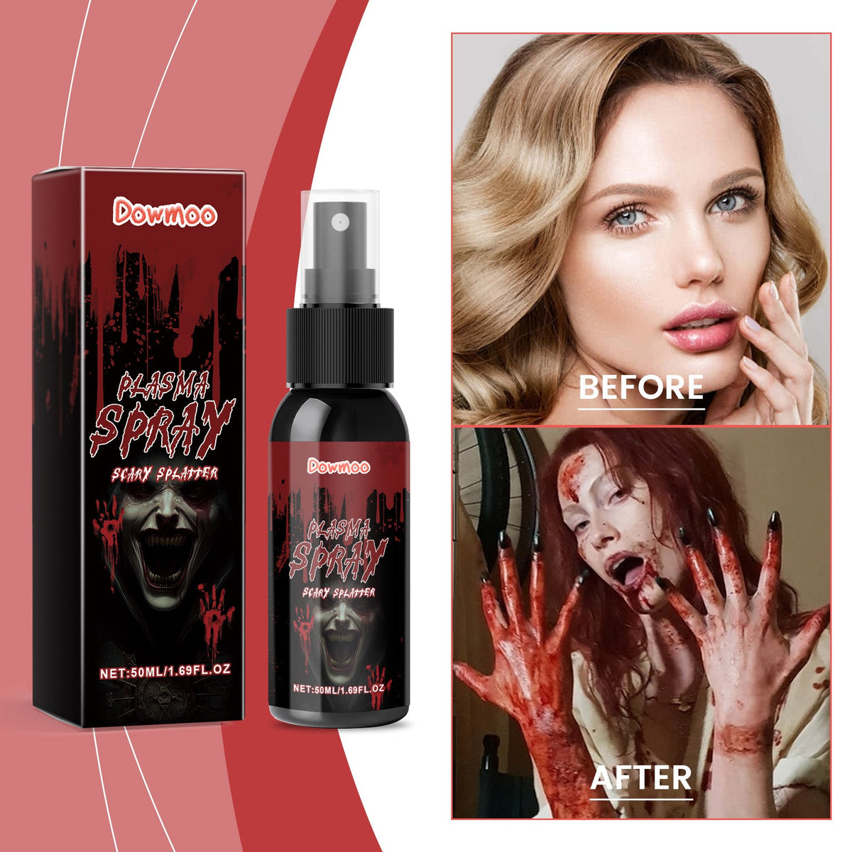Halloween plasma spray makeup bottle and box with dramatic red-black face effect