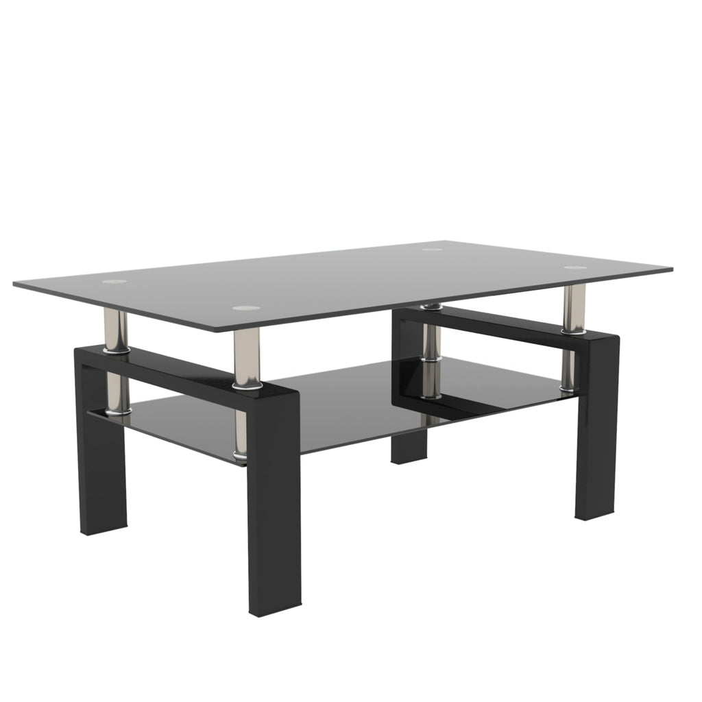 Rectangular black base coffee table with clear glass top and open lower shelf