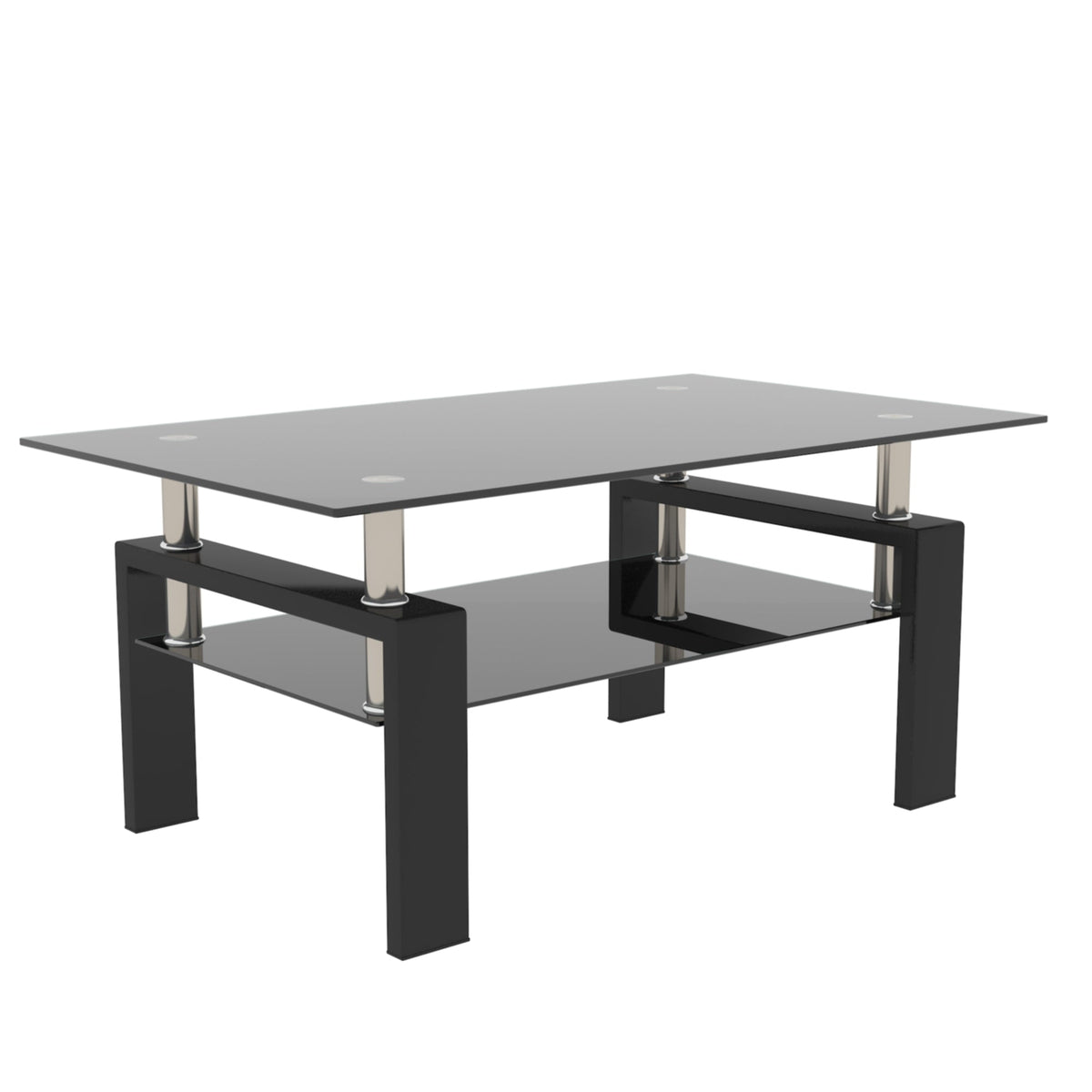 Rectangular black base coffee table with clear glass top and open lower shelf