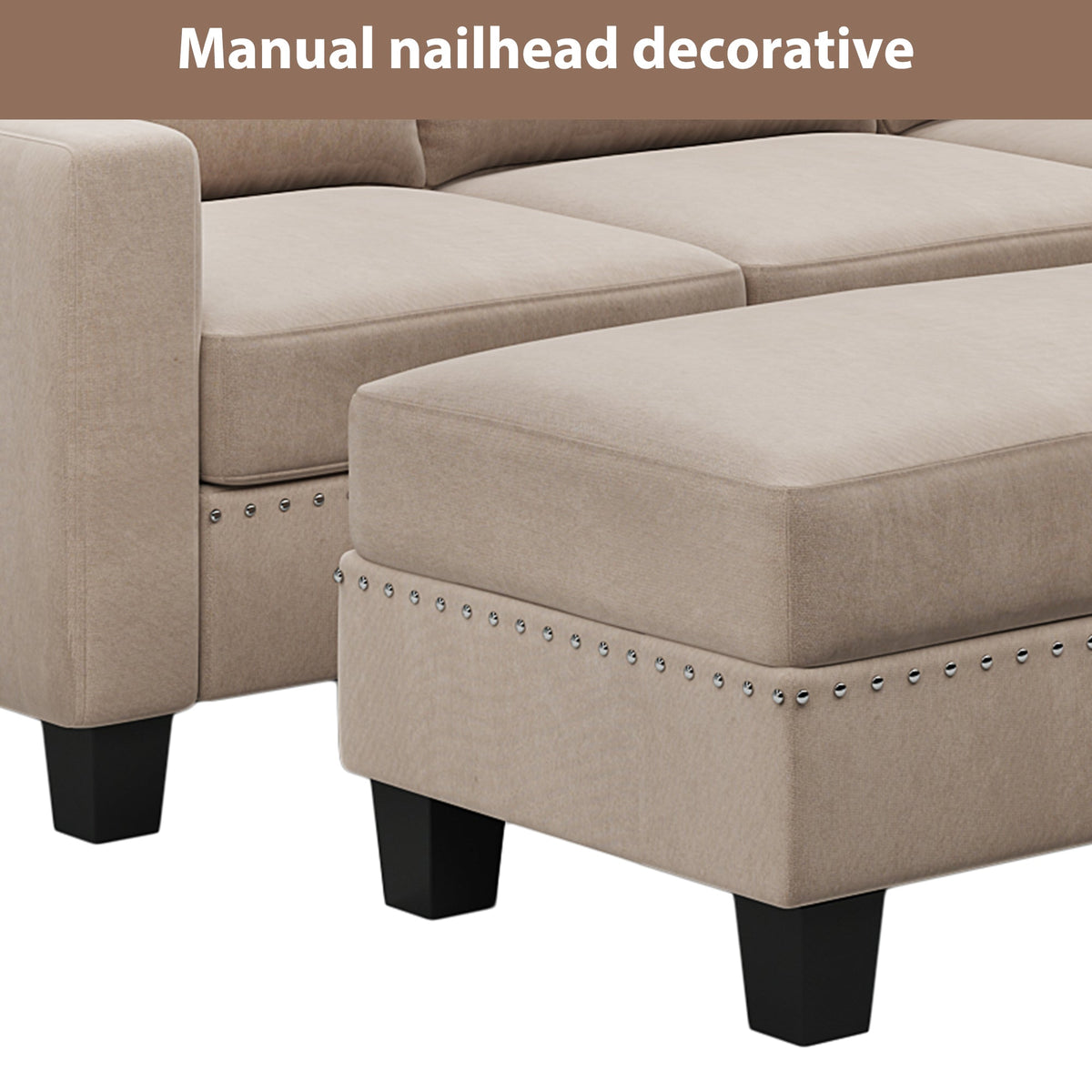 Warm grey sectional sofa chaise with nailhead trim and padded storage ottoman