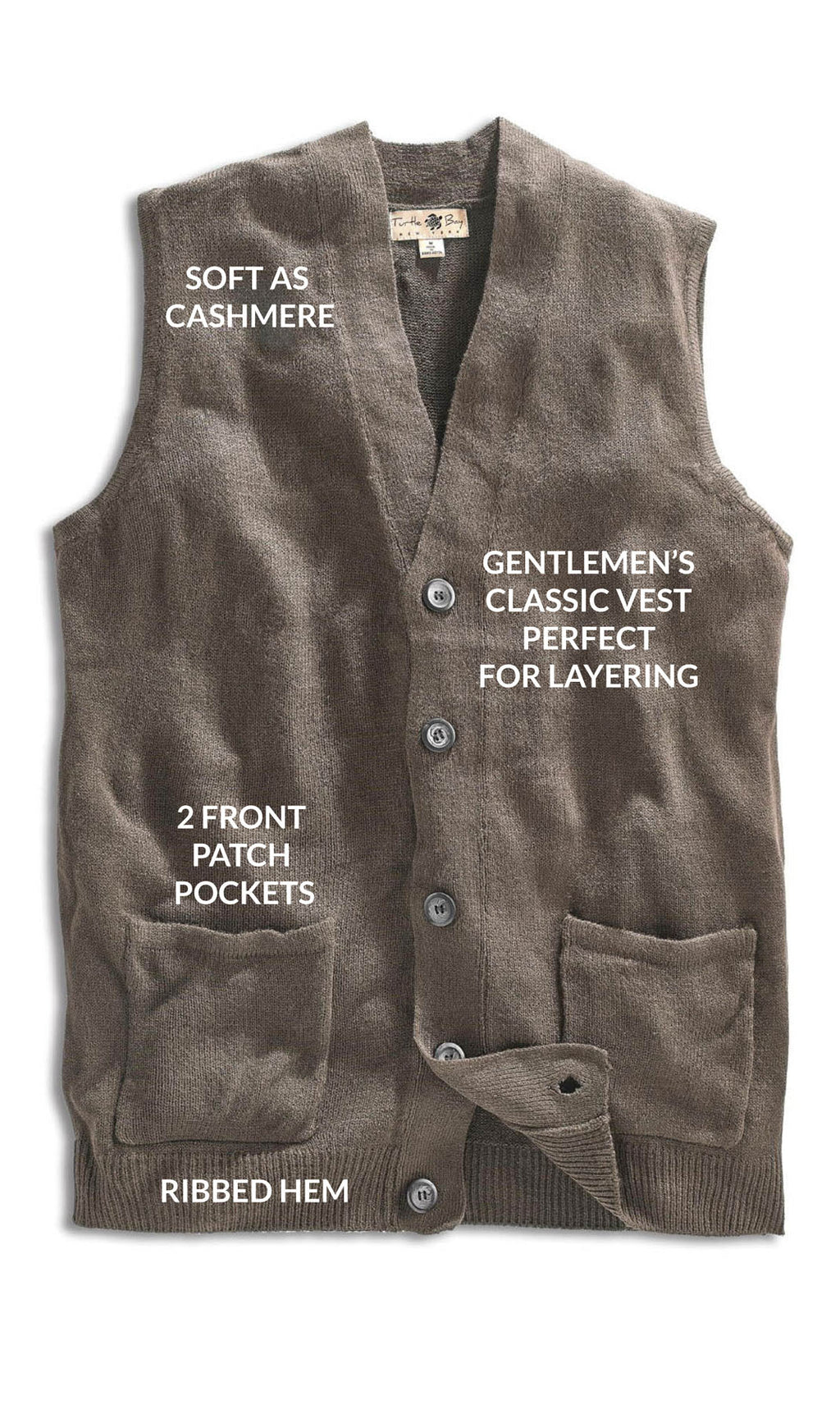 Cashmere-like knit sweater vest in taupe with button front, patch pockets, ribbed hem