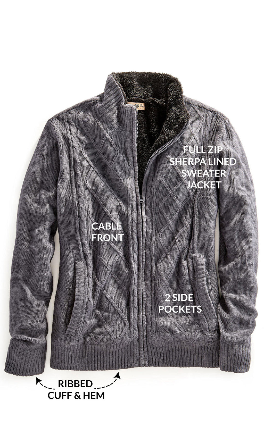 Men's sherpa fleece lined zip-front sweater jacket in charcoal, front flat lay