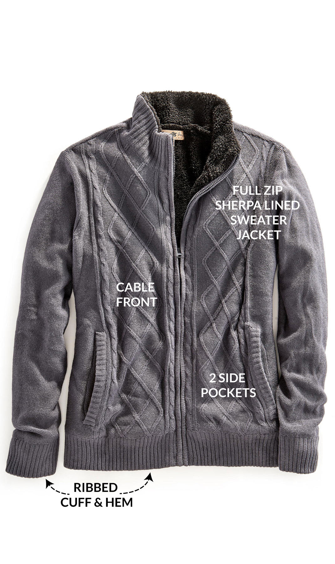 Men's sherpa fleece lined zip-front sweater jacket in charcoal, front flat lay