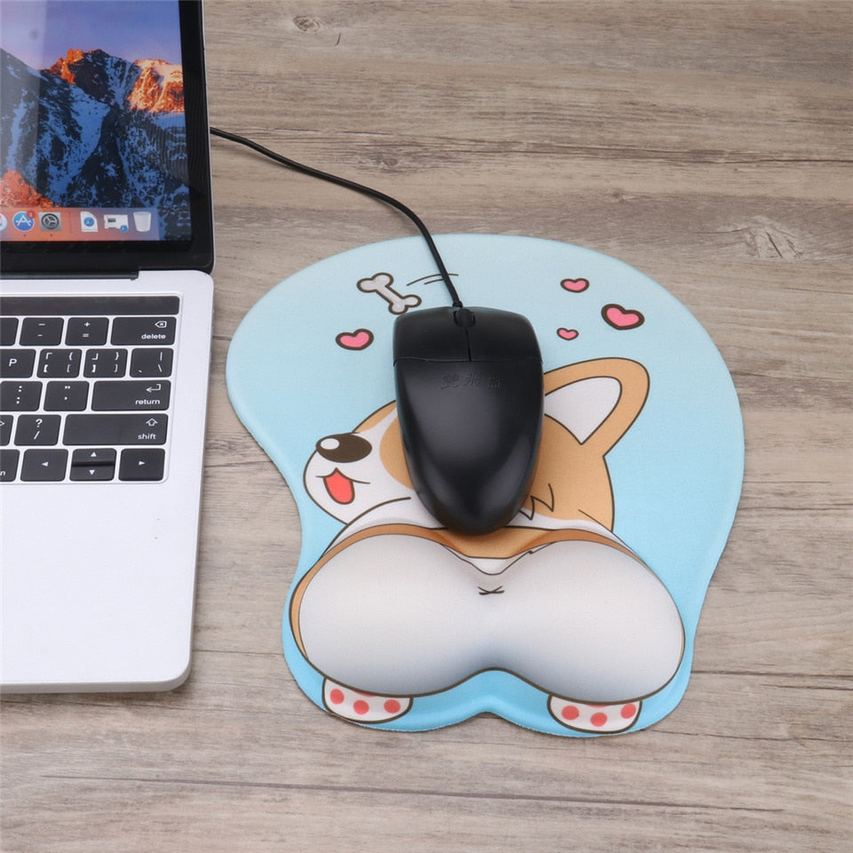 Blue corgi wrist rest mouse pad with black wired mouse centered on cushion