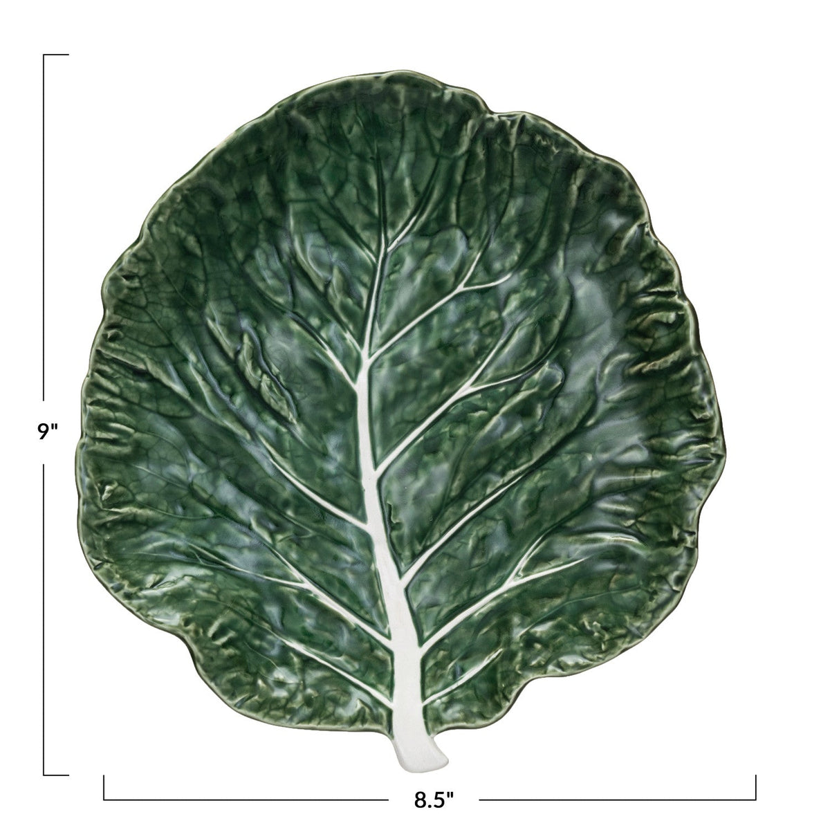 Green cabbage leaf ceramic plate, 9 in by 8.5 in, hand-painted veining