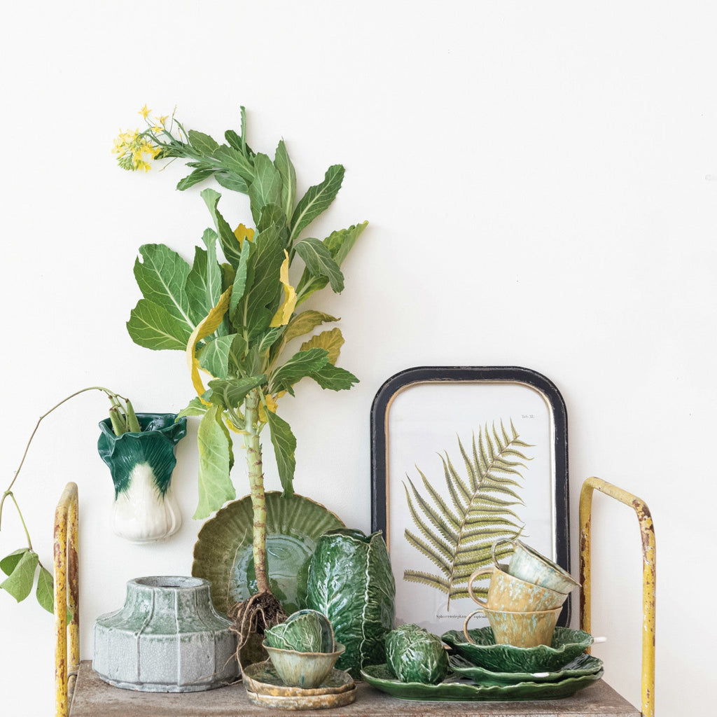 Green cabbage leaf ceramic plate with hand-painted veining